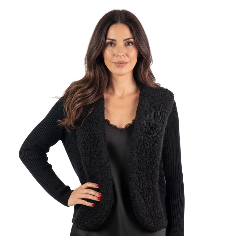 Lisa International Black Faux Shearling Collar Cardigan Jacket Petite